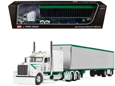 First Gear Peterbilt 389 With 63" Mid-roof Sleeper And 53' Utility Trailer White With Green Stripes 1/64 Diecas