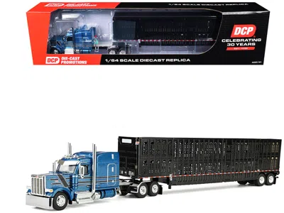 First Gear Peterbilt 589 With 72" Mid-roof Sleeper And Wilson Silverstar Livestock Trailer Bright Blue With Bla In Black