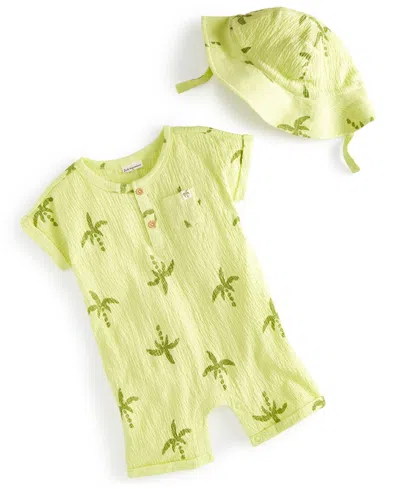 First Impressions Baby Boys 2-pc. Large Palm Henley Romper & Hat Set, Created For Macy's In Citrus Fruit