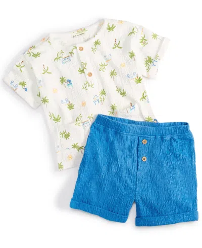 First Impressions Baby Boys 2-pc. Vacation-print Henley & Solid Shorts Set, Created For Macy's In Angel White