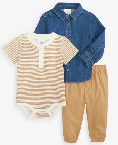 First Impressions Baby Boys' 3m-24m Chambray Shirt, Striped Henley Bodysuit And Pants, 3-piece Set, Macy's Exclusive In Multi
