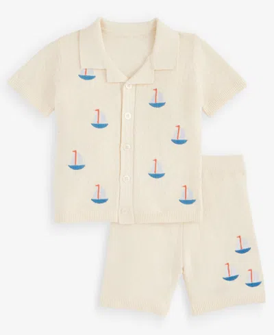 First Impressions Baby Boys' 3m-24m Cotton Sailboat Crochet Shirt & Shorts, 2-piece Set, Macy's Exclusive In Neutral