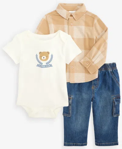 First Impressions Baby Boys' 3m-24m Flannel Shirt, Bodysuit And Cargo Pants, 3-piece Set, Macy's Exclusive In Multi