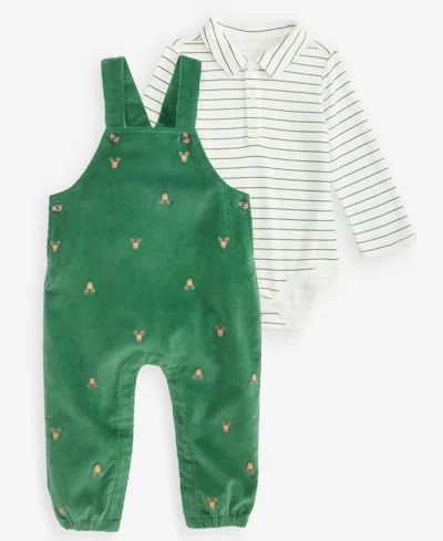 First Impressions Baby Boys' 3m-24m Striped Bodysuit & Reindeer Print Corduroy Overalls, 2-piece Set, Macy's Exclusive In Juniper Tree