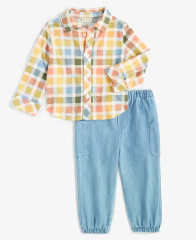 First Impressions Baby Boys Game Day Plaid Shirt & Pants Set, Created For Macy's In Golden Apricot