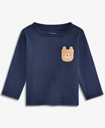 First Impressions Baby Boys' Long-sleeve Bear-pocket T-shirt, Macy's Exclusive In Blue