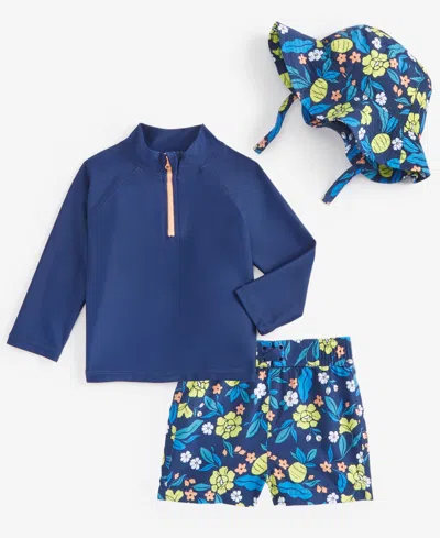 First Impressions Baby Boys Printed 3-pc. Swim Set, Exclusively At Macy's In Navy Sea