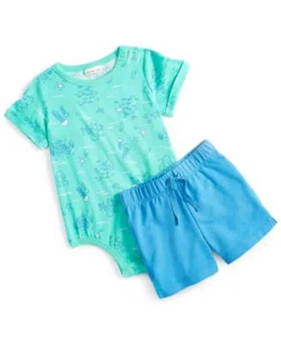First Impressions Baby Boys Sea Print Sunsuit French Terry Shorts Created For Macys In Seaside Green