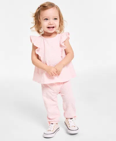 First Impressions Baby Girls 2-pc. Eyelet Top & Pants Set, Exclusively At Macy's In Beloved Pi