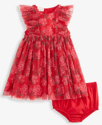 First Impressions Baby Girls 2-pc. Floral-print Tulle Dress & Bloomer Set, Macy's Exclusive In Red