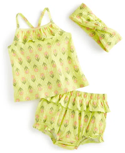 First Impressions Baby Girls 3-pc. Bright Stamps Floral Top, Bloomers & Headband Set, Created For Macy's In Citrus Fruit