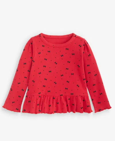 First Impressions Baby Girls' 3m-24m Mix & Match Long-sleeve Bow-print Peplum Ribbed Top, Macy's Exclusive In Red