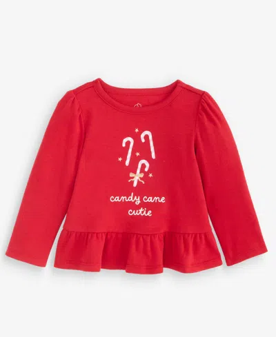 First Impressions Baby Girls' 3m-24m Mix & Match Long-sleeve Candy Cane Peplum T-shirt, Macy's Exclusive In Red