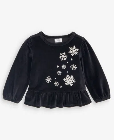 First Impressions Baby Girls' 3m-24m Mix & Match Long-sleeve Snowflakes Velour Peplum Top, Macy's Exclusive In Black