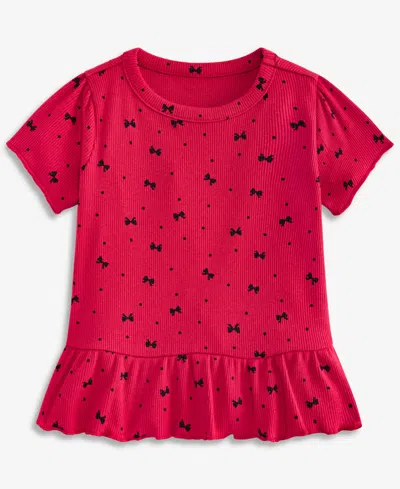 First Impressions Kids' Baby Girls' 3m-24m Mix & Match Short-sleeve Bow-print Rib Peplum Top, Macy's Exclusive In Pink