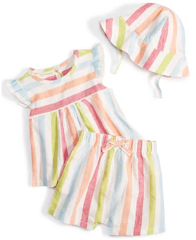 First Impressions Baby Girls Beach Side Striped Hat, Top & Shorts, 3 Piece Set, Created For Macy's In Angel White