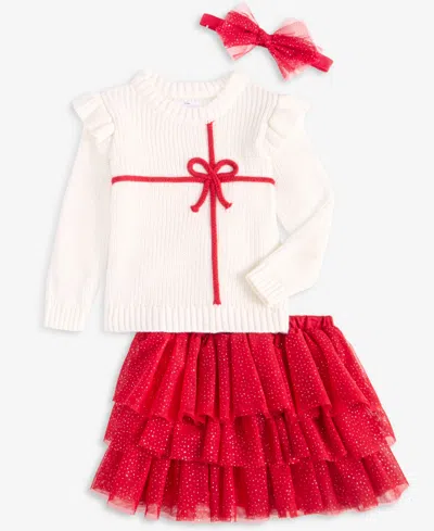 First Impressions Baby Girls' Bow Tiered Glitter Headband, Sweater And Skirt, 3-piece Set, Macy's Exclusive In Delicate Ivory
