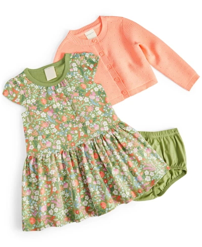 First Impressions Baby Girls Cardigan And Floral-print Dress, 2 Piece Set, Created For Macy's In Aloe Vera Green