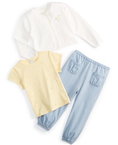 First Impressions Baby Girls Cardigan, T-shirt And Chambray Pants, 3 Piece Set, Created For Macy's In Yellow Light