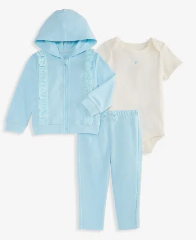 First Impressions Kids' Baby Girls' Eyelet-trim Zip-front Hoodie, Bodysuit And Pants, 3-piece Set, Macy's Exclusive In Blue