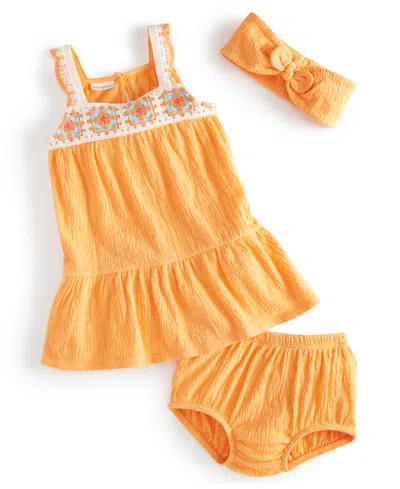 First Impressions Baby Girls Gauze Headband, Dress & Bloomers, 3 Piece Set, Created For Macy's In Melon Sorbet