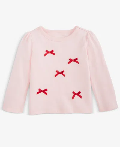 First Impressions Baby Girls Long-sleeve Velour-bows T-shirt, Macy's Exclusive In Pink