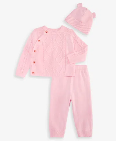 First Impressions Baby Girls' Long-sleeve Cable-knit Sweater, Pants, And Hat, 3-piece Set, Macy's Exclusive In Pink