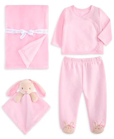 First Impressions Kids' Baby Girls' Long-sleeve Top, Footed Pants, Blanket & Security Blanket, 4-piece Set, Macy's Exclusive In Pink