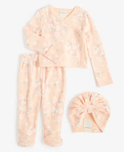 First Impressions Baby Girls Secret Garden Cotton Hat, Cardigan & Footed Pants, 3 Piece Set, Created For Macy's In Iced Peach