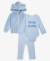 First Impressions Baby Hooded Faux Sherpa Jacket Little Dude Bodysuit Brushed Rib Pants Macys Exclusive In Blue