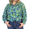 First Love Abstract Print Mandarin Collar Button Down Top In Blue/yellow/green In Multi