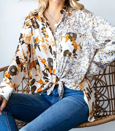 First Love Floral Block Button Down Satin Shirt In Ivory In Multi