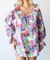 First Love Floral Ruffle V-neck Tassel Drawstring Top In White Multi In Multi