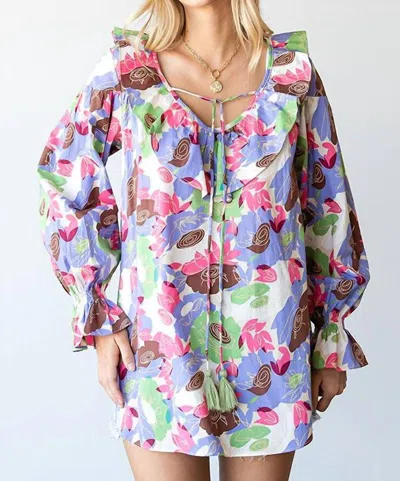First Love Floral Ruffle V-neck Tassel Drawstring Top In White Multi