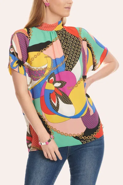 First Love Hyfve Women's Multi-color Multi-pattern & Gold Chain Print Short Sleeve Top
