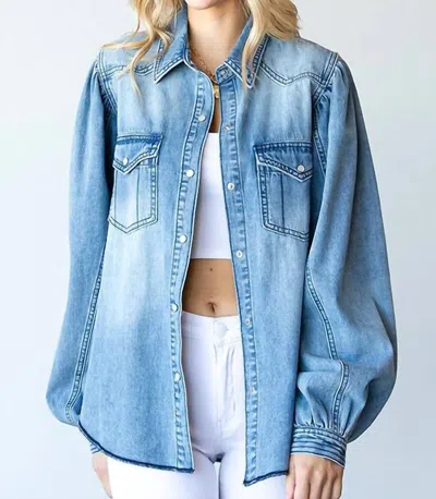 First Love Kyrisa Balloon Sleeve Denim Top In Denim Blue