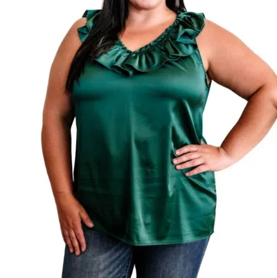 First Love Satin Ruffled V Neck Blouse In Rich Emerald Green