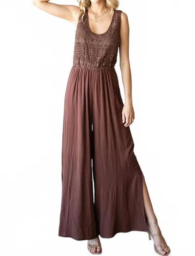 First Love Tie Back Sleeveless Slit Wide Leg Jumpsuit In Brown