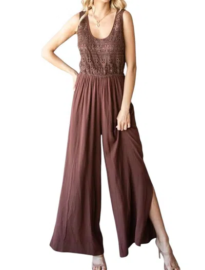 First Love Tie Back Sleeveless Slit Wide Leg Jumpsuit In Brown