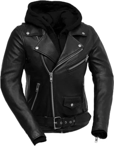 Pre-owned First Manufacturing Company Inc. Women Classic Motorcycle Lambskin Jacket With Full Belt And Removable Hoodie (lb In Black