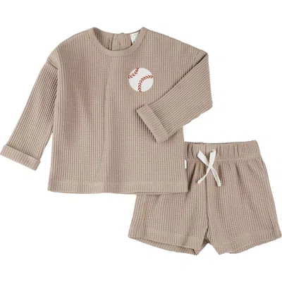 Firsts By Petit Lem Babies'  Baseball Appliqué Thermal Top & Shorts Set In Sand