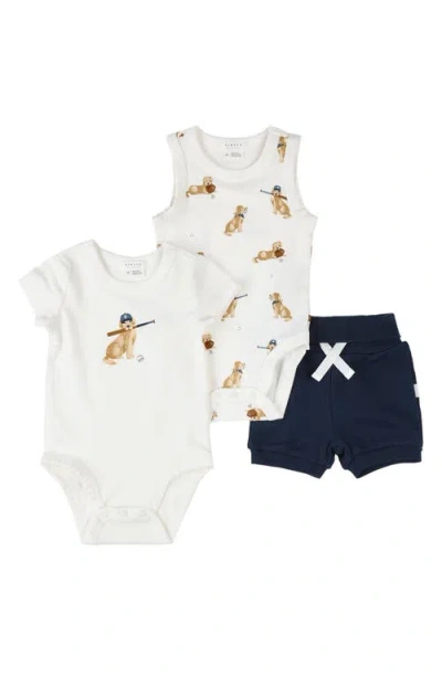 Firsts By Petit Lem Babies'  Baseball Buddy 3-piece Bodysuits & Rib Shorts Set In Off White
