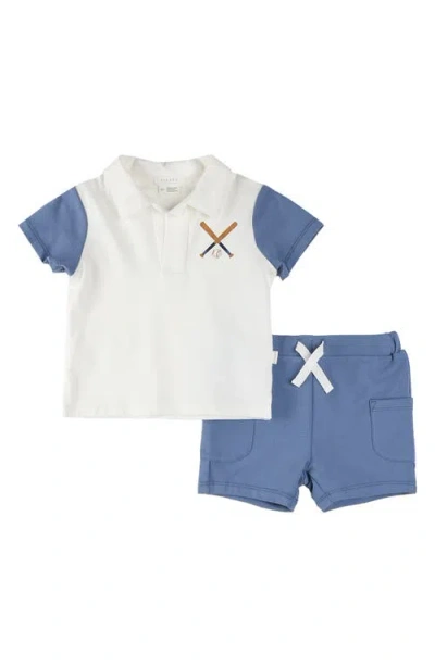 Firsts By Petit Lem Babies'  Baseball Print Colorblock Polo & Shorts Set In Off White