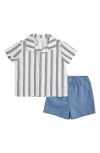 Firsts By Petit Lem Blueberry Dot Stripe Button-up Shirt & Shorts Set In Navy