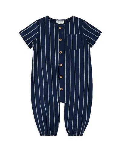 Firsts By Petit Lem Boys' Striped Cross Hatch Coverall - Baby In Navy