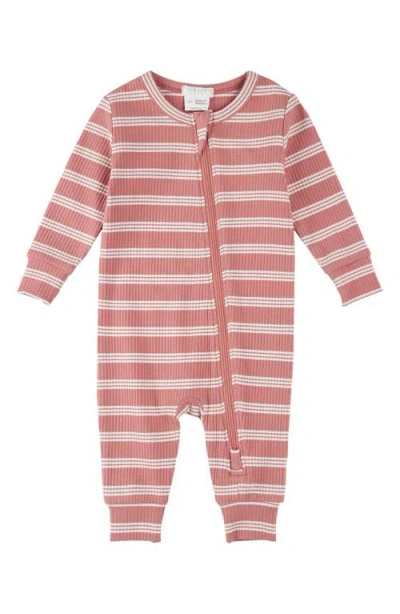 Firsts By Petit Lem Babies'  Bubblegum Stripe Rib Fitted One-piece Zip Pajamas In Pink