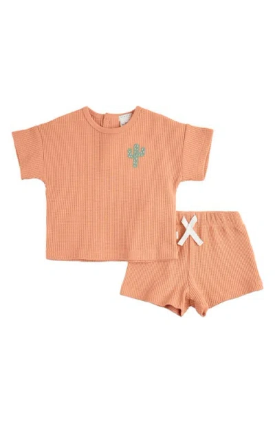 Firsts By Petit Lem Cactus Appliqué Thermal Knit T-shirt & Shorts Set In Coral
