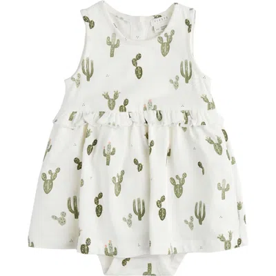 Firsts By Petit Lem Cactus Print Stretch Organic Cotton Skirted Bodysuit In Off White