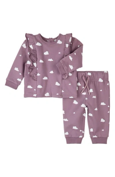 Firsts By Petit Lem Babies'  Cloud Print Ruffle Fleece Sweatshirt & Joggers Set In Purple