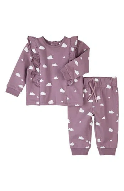 Firsts By Petit Lem Babies'  Cloud Print Ruffle Fleece Sweatshirt & Joggers Set In Purple